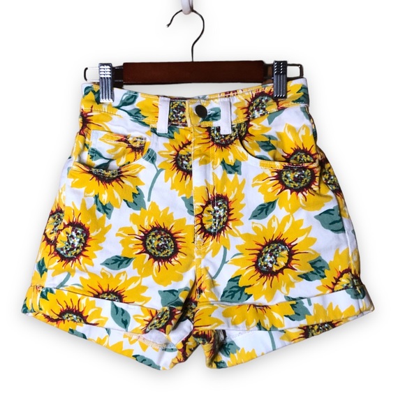American Apparel Sunflower Print Jean Shorts White Yellow Size 24 25 - Picture 1 of 6